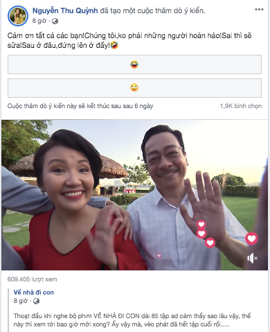 Thu Quỳnh, nữ diễn viên thủ vai Huệ cũng không giấu nổi cảm xúc khi tập cuối lên sóng và đồng thời tạo cuộc thăm dò ý kiến khán giả về "Về nhà đi con" bằng mặt cười rất hài hước.