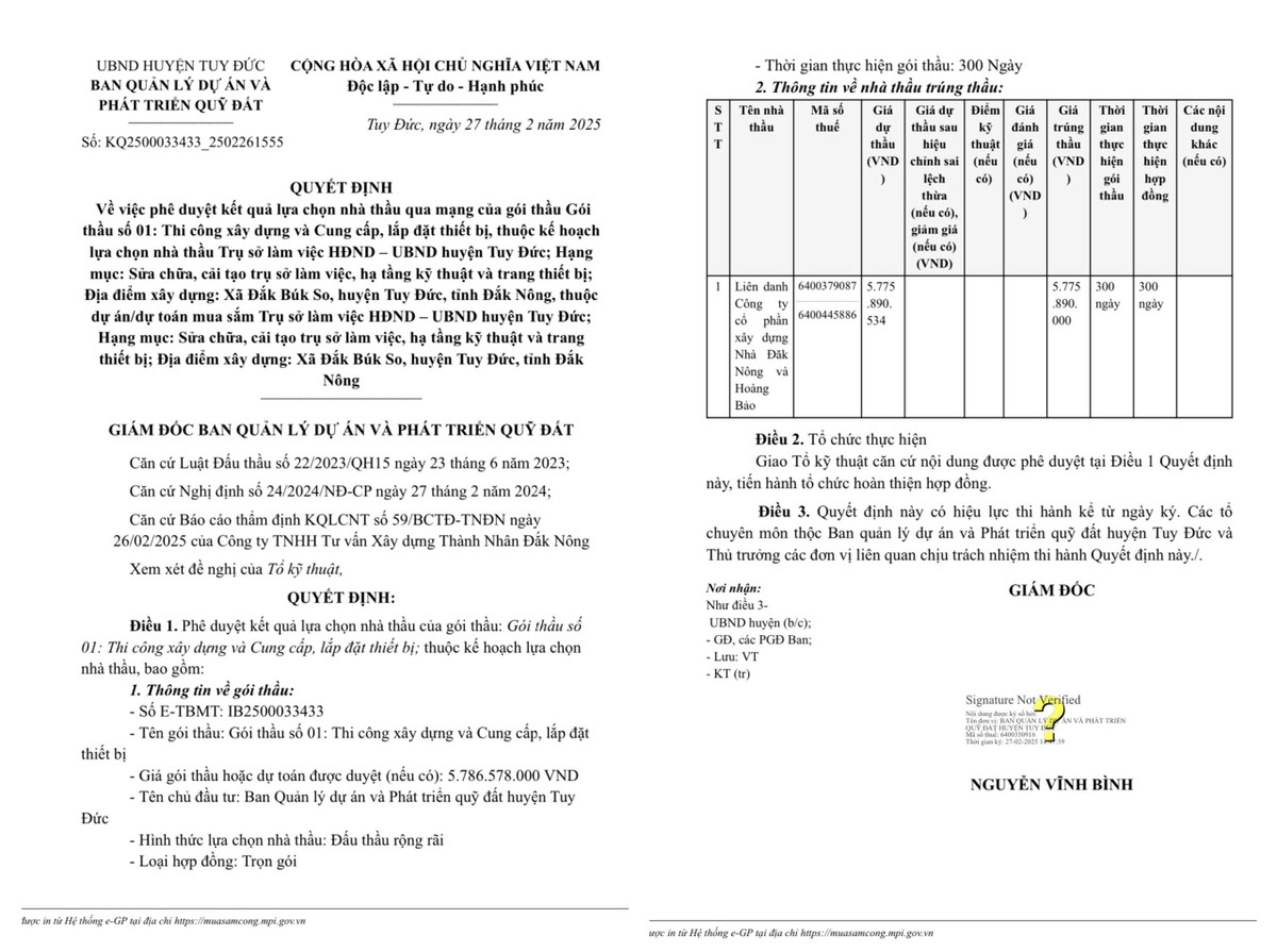 Dak Nong: Lien danh nao trung goi sua chua tru so huyen Tuy Duc?