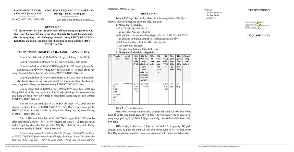 Kon Tum: Duy nhat Cty Hai Dang tham gia goi xay phong hoc truong Dak Koi