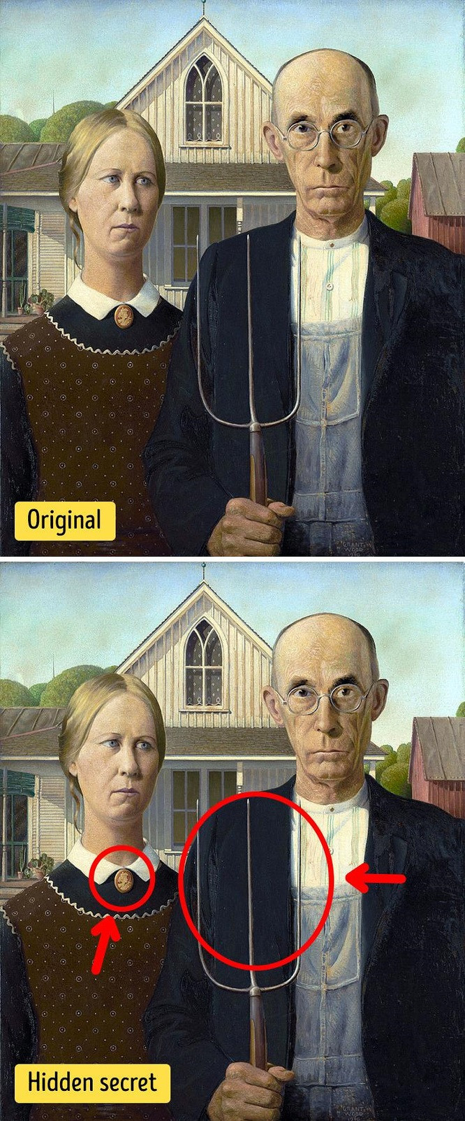  4. Thần thoại Hy Lạp đằng sau tác phẩm nghệ thuật: Bức tranh tưởng chừng như bình dị vẽ cặp vợ chồng nông dân bình thường đang ẩn chứa những điều lạ lùng nếu chúng ta nhìn kỹ. Trên chiếc trâm cài cổ áo của người phụ nữ có hình ảnh nhân vật trong thần thoại Hy Lạp Persephone, người đã bị thần cai quản địa ngục Hades bắt cóc. Đồng thời, không phải ngẫu nhiên mà người đàn ông cầm một cây chĩa tương tự cây trượng của Hades trong nghệ thuật cổ điển.