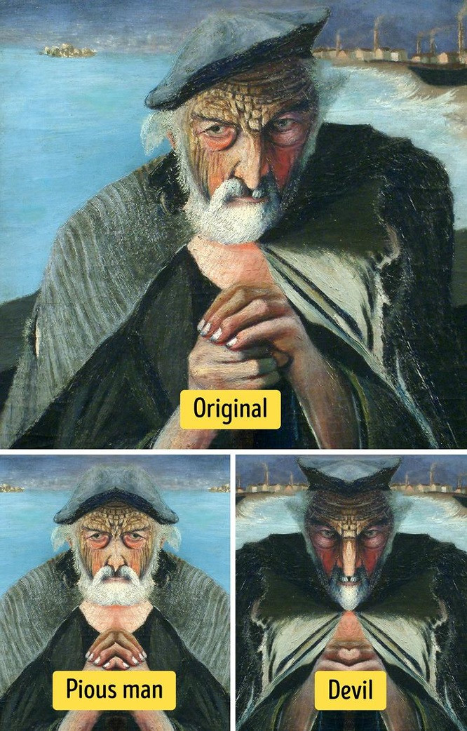  7. 2 gương mặt của bức tranh The Old Fisherman: Nhiều bức tranh có thể đánh lừa thị giác nếu quan sát từ các góc khác nhau. Tác phẩm của họa sĩ Csontváry Kosztka vẽ một ngư dân già là một bức tranh như vậy. Nếu chia bức tranh theo chiều dọc và sao chép ngược mỗi nửa bức tranh, chúng ta sẽ quan sát được 2 sắc thái khuôn mặt vô cùng khác nhau. Một mặt mô tả một người đàn ông ngoan đạo đang cầu nguyện, trong khi mặt khác diễn tả một nhân vật đáng sợ như quỷ dữ đang di chuyển trong một vùng biển bão tố.