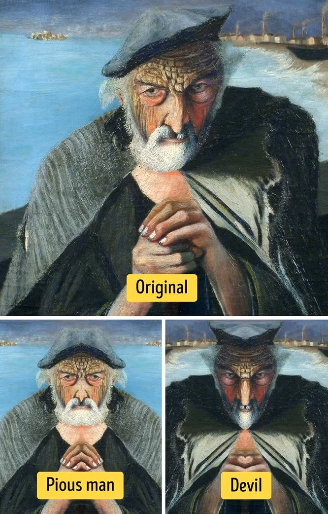  7. 2 gương mặt của bức tranh The Old Fisherman: Nhiều bức tranh có thể đánh lừa thị giác nếu quan sát từ các góc khác nhau. Tác phẩm của họa sĩ Csontváry Kosztka vẽ một ngư dân già là một bức tranh như vậy. Nếu chia bức tranh theo chiều dọc và sao chép ngược mỗi nửa bức tranh, chúng ta sẽ quan sát được 2 sắc thái khuôn mặt vô cùng khác nhau. Một mặt mô tả một người đàn ông ngoan đạo đang cầu nguyện, trong khi mặt khác diễn tả một nhân vật đáng sợ như quỷ dữ đang di chuyển trong một vùng biển bão tố.