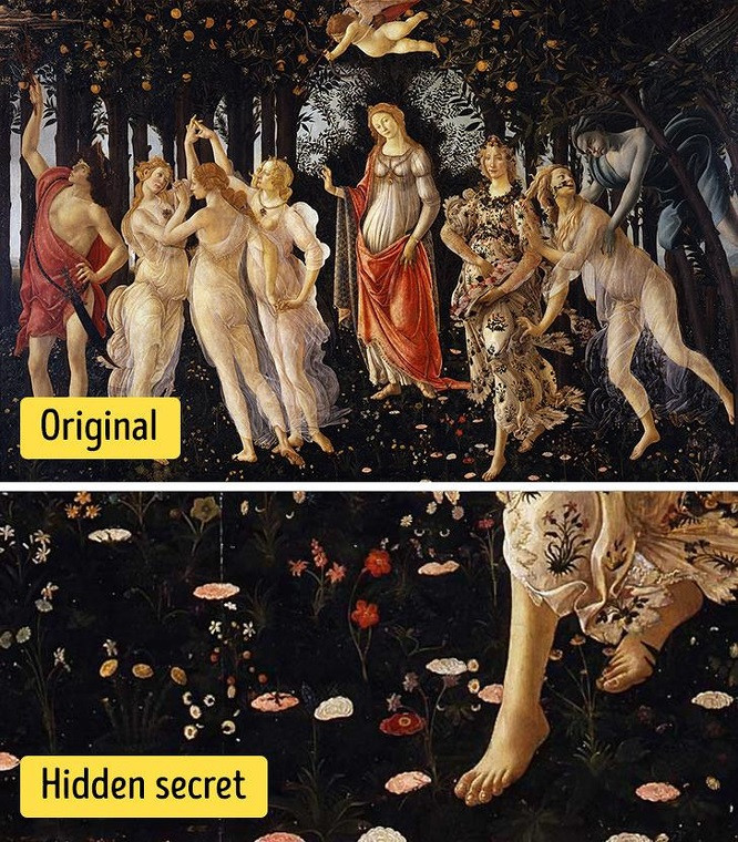  5. Tái hiện đến hơn 500 loài thực vật trong cùng một bức tranh: Bức tranh La Primavera của danh họa Botticelli đã tái hiện ngoạn mục 500 loài thực vật đã được con người biết đến. Những loại cây cỏ này được vẽ tỉ mỉ đến từng chi tiết. Bên cạnh đó, bức tranh cũng chứa những loài thực vật lạ lùng có thể chưa từng xuất hiện trên trái đất.