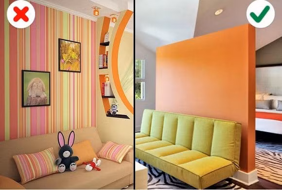 Trong căn hộ không có nhiều vách ngăn phân chia, nếu treo nội thất với đủ màu sắc sẽ gây rối mắt. Bạn nên bài trí nội thất với màu sắc đơn giản nhất có thể để tạo ra các khoảng màu sắc, làm nổi bật vẻ đẹp tinh tế của căn phòng.