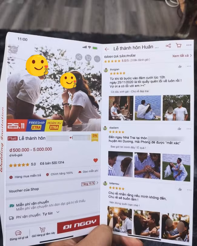 Đây là thiệp mời đám cưới có 1-0-2 của cặp đôi đến từ Hải Phòng, họ đã tự sáng tạo tấm thiệp y chang giao diện của một trang thương mại điện tử làm nhiều người trầm trồ vì quá sáng tạo.