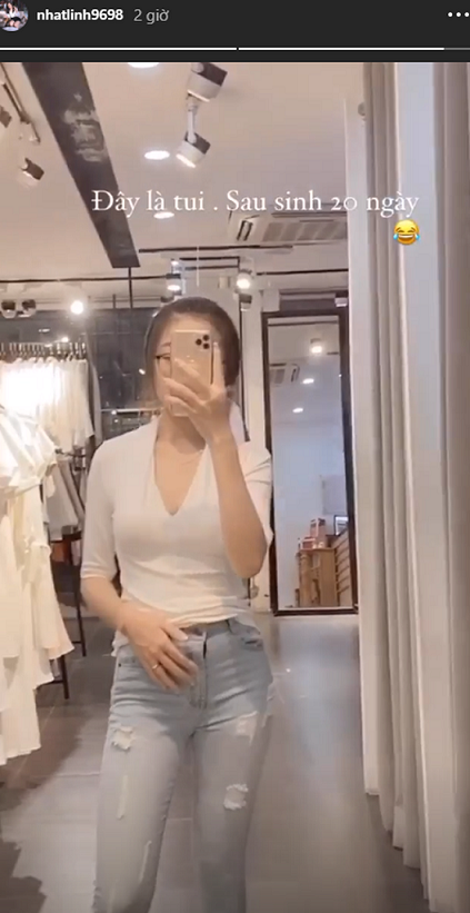 Mặc dù chỉ mới sinh xong 20 ngày, thế nhưng vóc dáng của Nhật Linh đã trở lại thon gọn như thuở còn son.