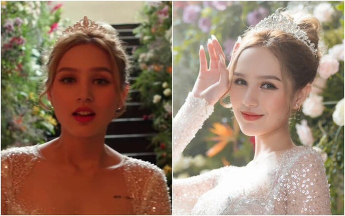 Xoài Non trong ảnh cưới đã chỉnh sửa kỹ càng và clip có khác nhau độ sáng khuôn mặt, tuy nhiên vẻ xinh đẹp và thần thái vẫn không có gì thay đổi.