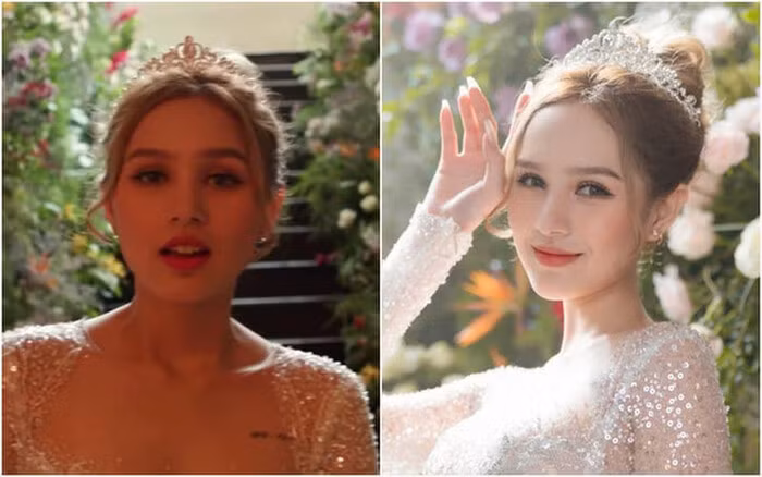 Xoài Non trong ảnh cưới đã chỉnh sửa kỹ càng và clip có khác nhau độ sáng khuôn mặt, tuy nhiên vẻ xinh đẹp và thần thái vẫn không có gì thay đổi.