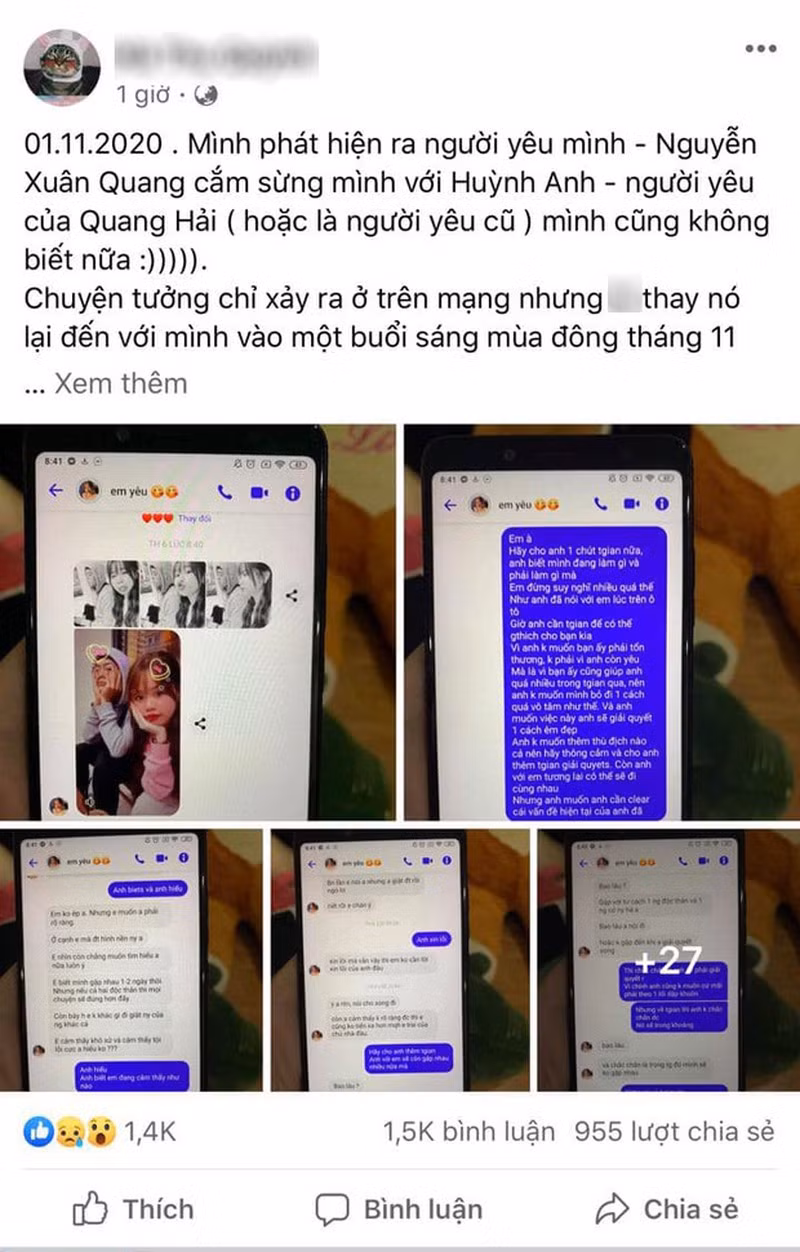 Tối 2/11, bài đăng tố Huỳnh Anh - bạn gái Quang Hải là người thứ 3 đã gây xôn xao cộng đồng mạng. Cụ thể, tài khoản này đã lên tiếng làm dấy lên nghi vấn Huỳnh Anh qua lại với người khác trong khi đang yêu Quang Hải. Kèm theo đó, tài khoản này cũng công khai rất nhiều tin nhắn, hình ảnh thân mật được cho là giữa hot girl Nha Trang và bạn trai mình.
