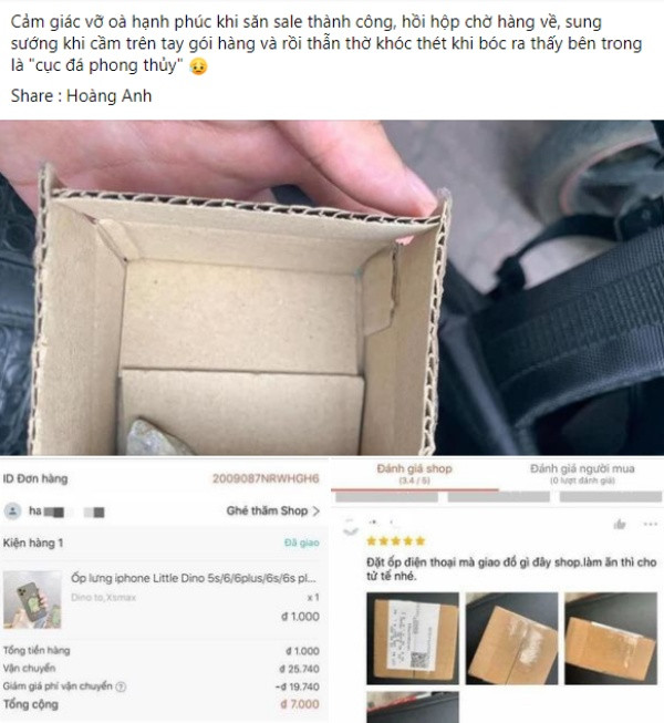 Một cư dân mạng chia sẻ hình ảnh chiếc hộp bưu kiện trống rỗng, thay vì nhận được mặt hàng mình order thì người này lại nhận về một cục đá.