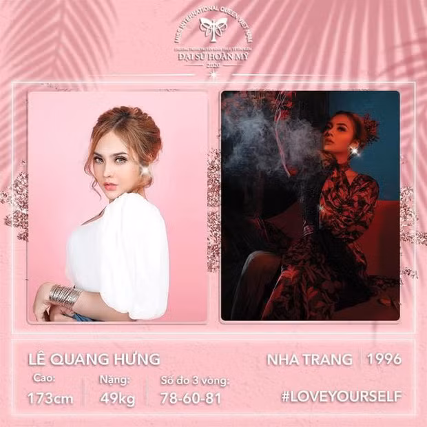 Một nhân vật đặc biệt tiếp theo đăng ký dự thi Hoa hậu Chuyển giới Việt Nam 2020 chính là Lê Quang Hưng hay còn gọi là Hưng Lee. Thí sinh này đến từ Nha Trang, sinh năm 1996. Cô sở hữu chiều cao 1,73m, số đo hình thể 78-60-81.