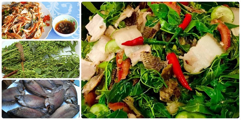 1. Gỏi sầu đâu (Tỉnh An Giang): Món gỏi này có các thành phần chính gồm lá sầu đâu trộn cùng thịt ba chỉ, tôm, khô cá lóc/cá sặc cùng dưa leo, xoài sống cùng một ít rau thơm, ngò rí, đậu phộng, và nước mắm tỏi ớt... tạo nên món gỏi sầu đâu đặc trưng nổi tiếng ở vùng đất này.