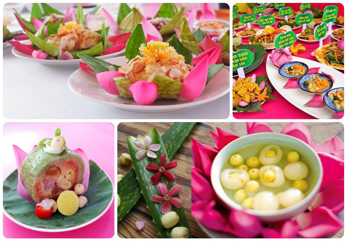 4. Các món ăn từ sen (tỉnh Đồng Tháp): Sen Đồng Tháp không chỉ dùng để trang trí mà còn được chế biến thành hàng trăm món ăn hấp dẫn, từ món nước đến món khô, từ món chay đến món mặn, từ món ăn liền đến những món được đóng gói mang làm quà cho du khách gần xa…