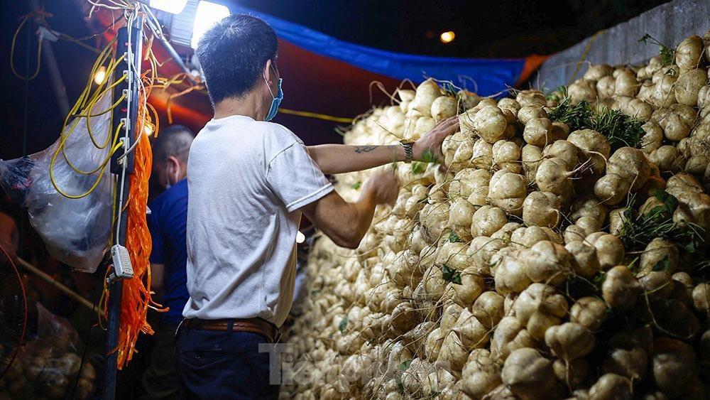 Củ đậu sau khi lấy về được các chủ sạp xếp ngay ngắn, đợi tiểu thương qua mua. 