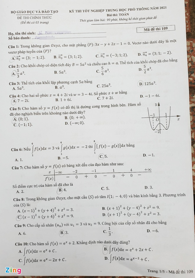 Goi y dap an mon Toan tot nghiep THPT 2021