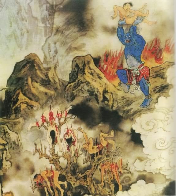  3. Thiết Thụ Địa Ngục: Dành cho những người dèm phá, chia rẽ mối quan hệ giữa những người ruột thịt trong gia đình. Tại đây, tội nhân bị cắm vào những cành cây có lưỡi dao sắc nhọn. Ảnh: China Culture.