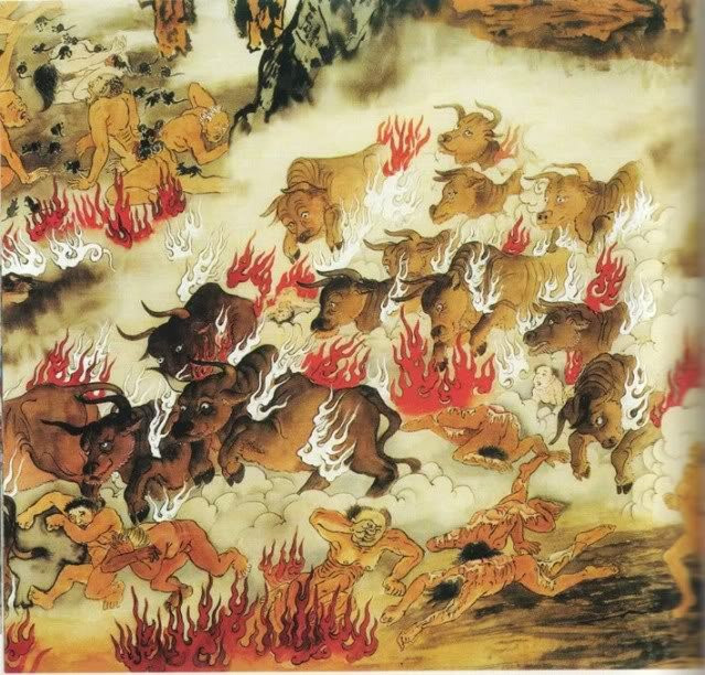  10. Ngưu Khanh Địa Ngục: Dành cho kẻ giết súc vật để làm niềm vui cho mình. Tại đây tội nhân sẽ bị trâu bò dùng sừng húc, dùng chân giẫm đạp. Ảnh: China Culture.