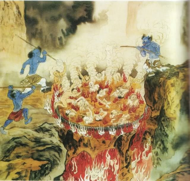  9. Dầu Oa Địa Ngục: Dành cho kẻ phóng đãng, lừa gạt, trộm cắp, phỉ báng, bắt nạt người khác. Tại Dầu Oa Địa Ngục, tội nhân bị lột sạch quần áo rồi ném vào chảo dầu mà đảo đi đảo lại. Ảnh: China Culture.