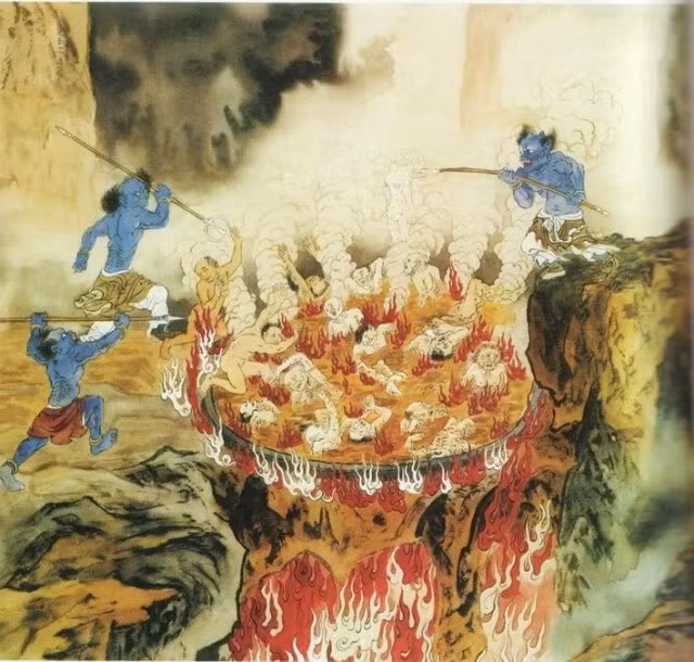  9. Dầu Oa Địa Ngục: Dành cho kẻ phóng đãng, lừa gạt, trộm cắp, phỉ báng, bắt nạt người khác. Tại Dầu Oa Địa Ngục, tội nhân bị lột sạch quần áo rồi ném vào chảo dầu mà đảo đi đảo lại. Ảnh: China Culture.