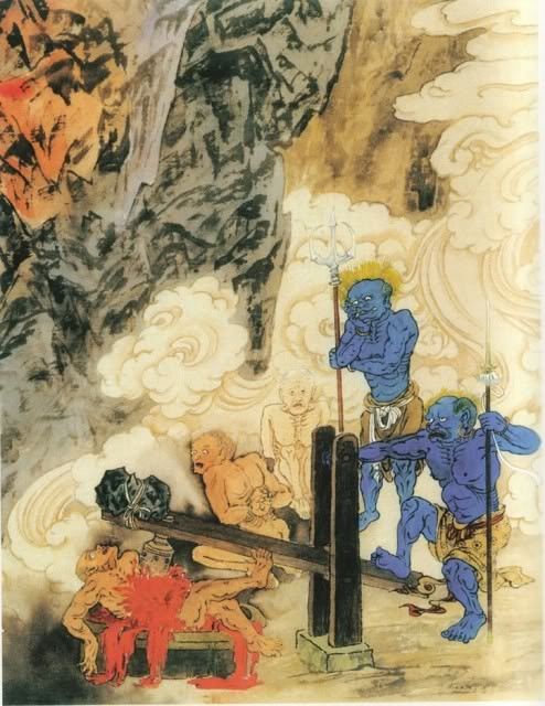  12. Thung Cữu Địa Ngục: Dành cho kẻ lãng phí lương thực, thực phẩm hoặc hay chửi tục khi còn sống. Tại đây, tội nhân bị vứt vào chiếc cối để giã. Ảnh: China Culture.