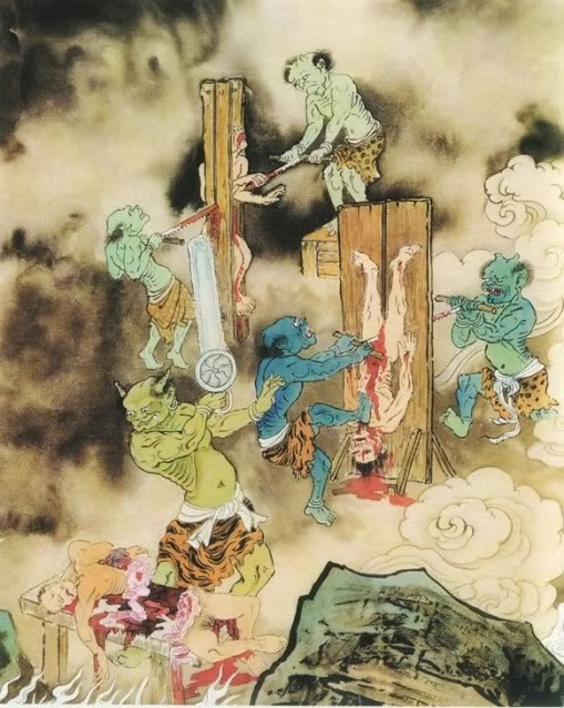  18. Đao Cư Địa Ngục: Dành cho kẻ ăn bớt vật liệu, giấu trên lừa dưới, dụ dỗ phụ nữ trẻ em, buôn bán không trung thực. Tội nhân sẽ bị lột sạch quần áo, bị trói vào bốn trụ gỗ rồi dùng cưa cưa từ dưới lên trên. Ảnh: China Culture.