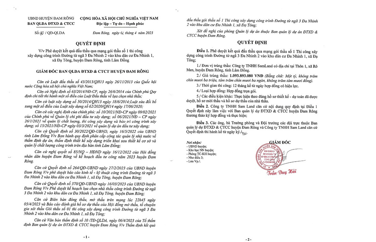 Lâm Đồng: 1 ngày cty Samland trúng 2 gói thi công tại Đam Rông Lam Dong: 1 ngay cty Samland trung 2 goi thi cong tai Dam Rong