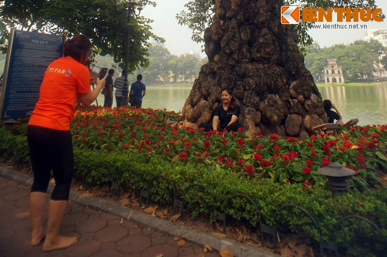 Nhiều du khách thích thú chụp hình lưu niệm dưới gốc cây gạo bờ hồ.