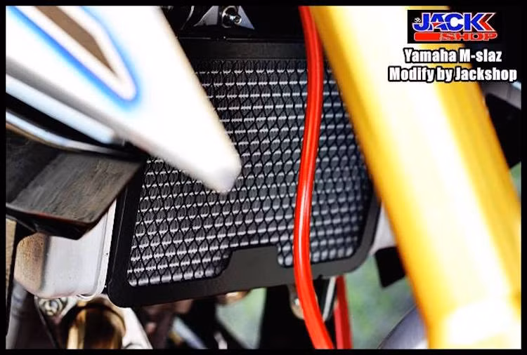 "Lấp ló" sau cặp phuộc là lưới chắn két tản nhiệt cho M-Slaz, được thiết kế dành riêng cho chiếc xe.