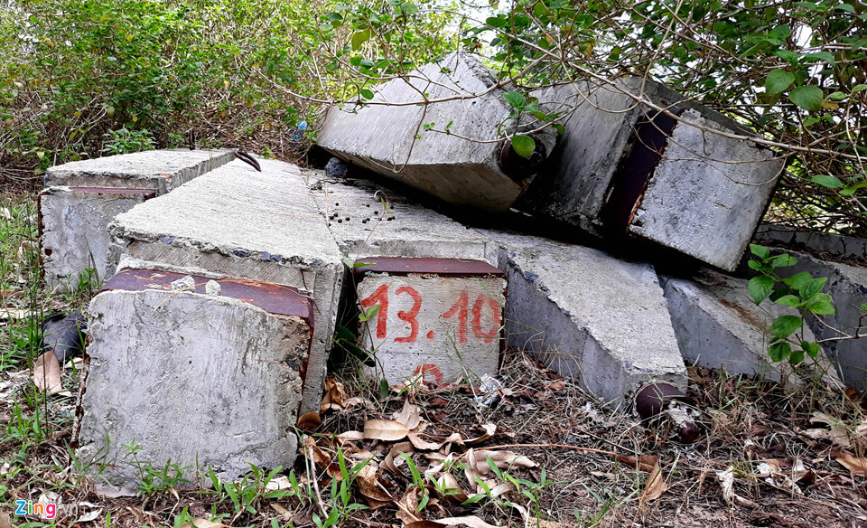 Một số cọc bê tông khác bị cây bụi che phủ sau nhiều năm nằm yên. Ảnh: Zing.