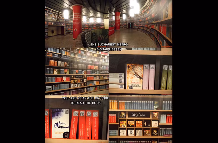 T hư viện kỹ thuật số trong ga tàu điện ngầm: Bạn chỉ cần dùng smartphone quét mã QR trên quyển sách nói là sau đó có thể thưởng thức cuốn sách trong suốt hành trình tại ga điện ngầm ở Bucharest, Rumani.
