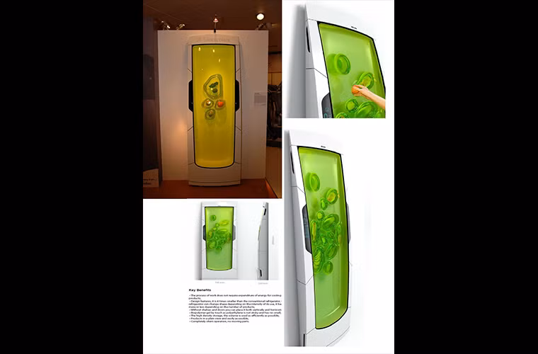  Tủ lạnh tương lai: Mẫu tủ lạnh này có gắn một loại gel không mùi không vị, có khả năng thay đổi hình dạng của nó căn cứ trên tần suất sử dụng đồ để trong tủ lạnh của bạn.