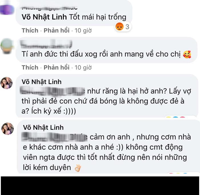Cụ thể, có netizen để lại bình luận "tốt mái hại trống", bà xã Phan Văn Đức không nhịn được nữa mà thẳng thừng đáp trả cũng như nói ra tiếng lòng mình ngay dưới bình luận này.