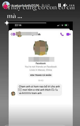 Cách đây không lâu Trâm Anh cũng bị một tài khoản Facebook inbox gạ gẫm chuyện đi khách, nhắc về chuyện quá khứ. Thậm chí, tài khoản này dùng những từ ngữ thô tục và liên tục viết sai tên của cô.