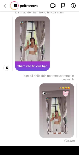 Người đẹp chân dài cũng không ngần ngại khoe ảnh được nhãn hàng gương phản hồi trong mục nhắn tin.