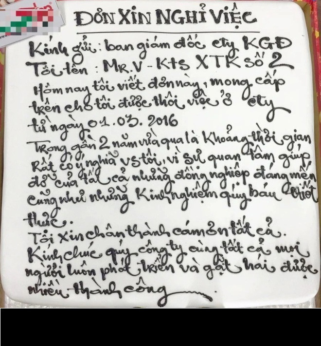 Mới đây, cộng đồng mạng không khỏi bất ngờ với hình ảnh đơn xin nghỉ việc viết trên bánh kem đến từ một nhân viên gửi cho Ban giám đốc cũng như các cộng sự một công ty tại TP HCM.