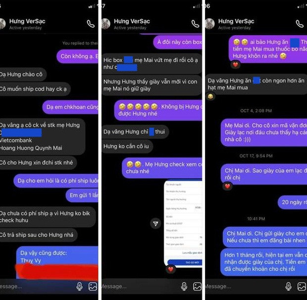 Tuy nhiên, sau khi mua hàng và chuyển khoản đầy đủ tiền, cô gái này ại không nhận được hồi âm gì từ phía Mai Âm Nhạc. Trong khi cả hai vẫn đang nói chuyện rất vui vẻ bình thường, sau đó cả tháng, tin nhắn nào của cô cũng bị lơ đẹp.