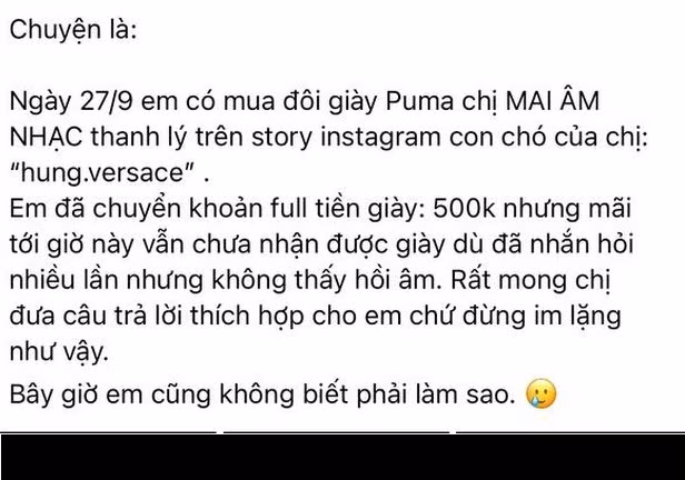 Mới đây, trên hội nhóm Facebook, một cô gái đã kể về trải nghiệm không mấy vui vẻ khi mua hàng thanh lý của Mai Âm Nhạc. Cụ thể, cô gái này đã mua thanh lý đôi giàu hiệu của "hiện tượng mạng" với giá 500 ngàn đồng.