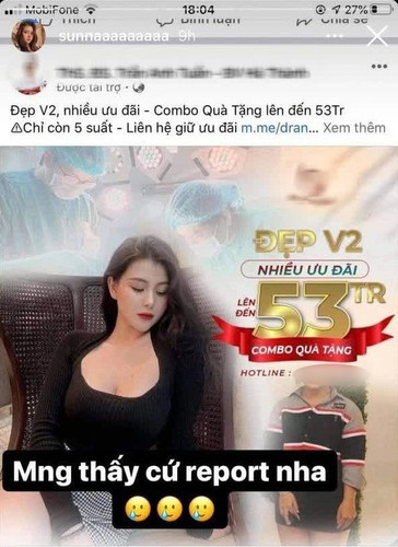 Trước đó không lâu, hot girl này bị cắt ghép hình ảnh để quảng cáo thuốc làm đẹp vòng 1. Cô nàng đã đăng tải bức ảnh này lên story và kêu gọi "mọi người thấy thì hãy report".