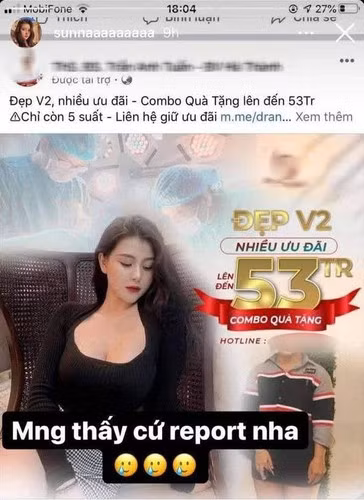 Trước đó không lâu, hot girl này bị cắt ghép hình ảnh để quảng cáo thuốc làm đẹp vòng 1. Cô nàng đã đăng tải bức ảnh này lên story và kêu gọi "mọi người thấy thì hãy report".