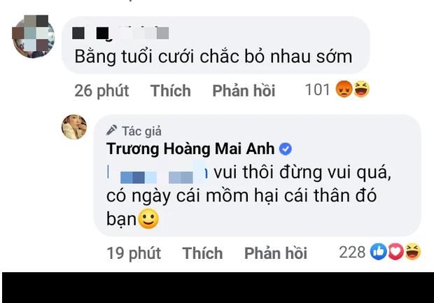 Tuy nhiên, trong khi người người chúc phúc cho cặp đôi thì bên dưới bài đăng lại có một netizen để lại bình luận kém duyên. Cụ thể người này viết: "Bằng tuổi cưới chắc bỏ nhau sớm". Ngay lập tức, bà xã Jaykii liền phản ứng: "Vui thôi đừng vui quá, có ngày cái mồm hại cái thân đó bạn".