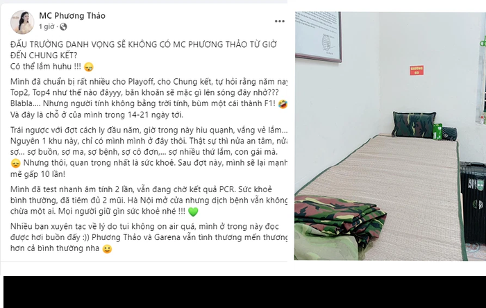 Tối 24/10, nữ MC Phương Thảo bất ngờ thông báo cô nàng có thể vắng mặt trong các sự kiện thời gian tới sau khi trở thành F1. Trong bài đăng của mình, Thảo chia sẻ bức hình chụp phòng cách ly, ngoài ra cô cho biết đã xét nghiệm âm tính sau 2 lần test nhanh, sức khỏe bình thường.
