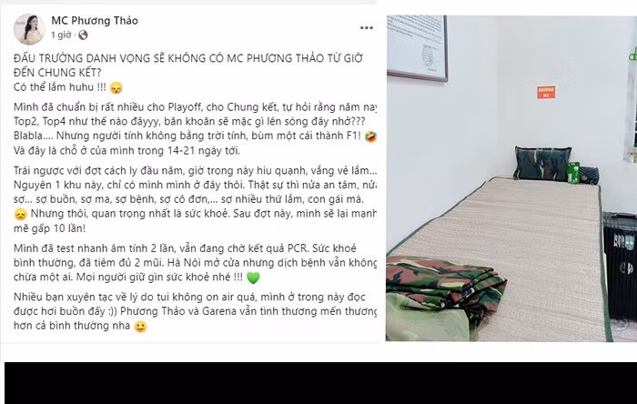 Tối 24/10, nữ MC Phương Thảo bất ngờ thông báo cô nàng có thể vắng mặt trong các sự kiện thời gian tới sau khi trở thành F1. Trong bài đăng của mình, Thảo chia sẻ bức hình chụp phòng cách ly, ngoài ra cô cho biết đã xét nghiệm âm tính sau 2 lần test nhanh, sức khỏe bình thường.