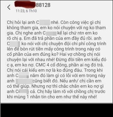 Để chứng minh bản thân không dùng chiêu trò, chủ nhân bài đăng còn tung loạt tin nhắn qua lại với Gào về chuyện nợ nần. Trong nội dung tin nhắn nữ nhà văn cho rằng người làm việc với mình là anh C. nên chị vợ không có quyền tham gia vào chuyện đòi tiền này.