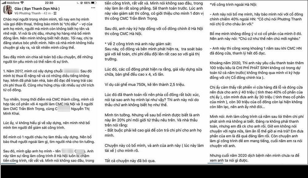 Phía Gào cũng đã có bài đăng chia sẻ, cô cho biết trong quá trình thi công anh C. liên tục ăn chặn, "khai khống" nâng giá vật tư, số tiền 100 triệu này là chi phí phát sinh, không có trong bảng dự toán ban đầu. Cũng vì "nể tình" nên phía Gào đã thanh toán 70 triệu. Hiện vụ việc vẫn đang gây xôn xao khắp cõi mạng.