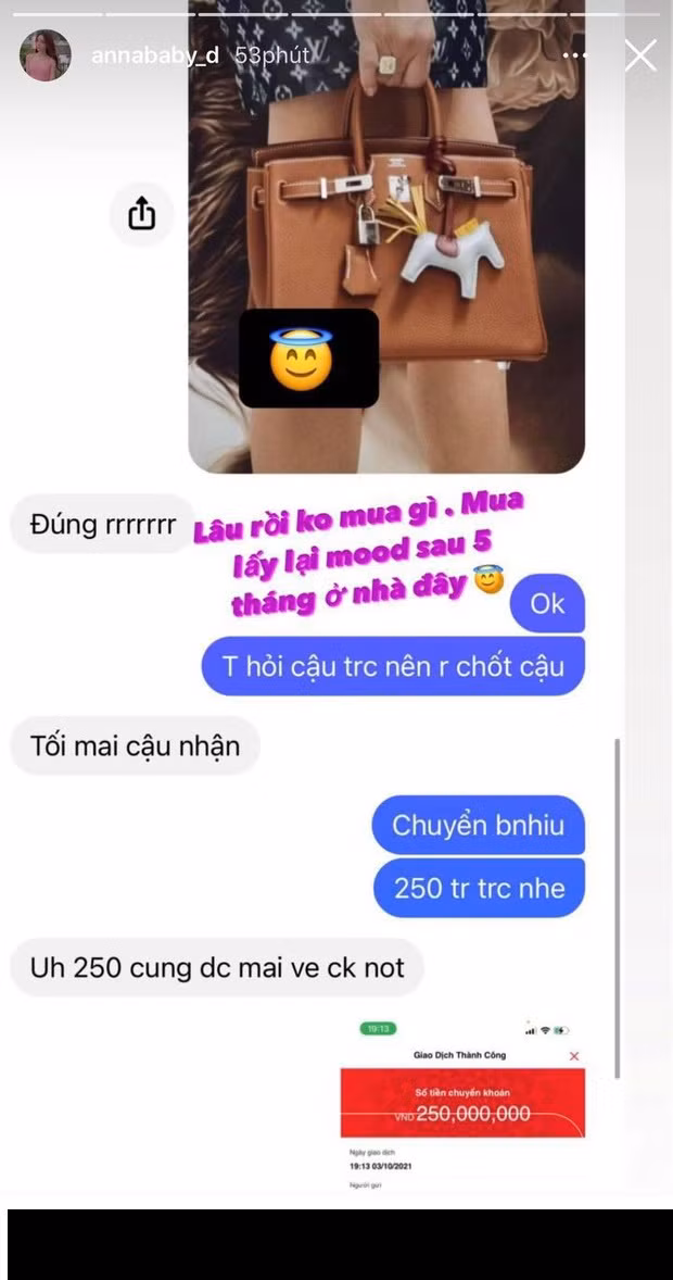 Để sở hữu chiếc túi Hermes Birkin, nàng hot girl đã không ngần ngại chuyển 250 triệu để đặt cọc mới đây. Hình ảnh tin nhắn đính kèm về cuộc trò chuyện này đã khiến không ít chị em trầm trồ.
