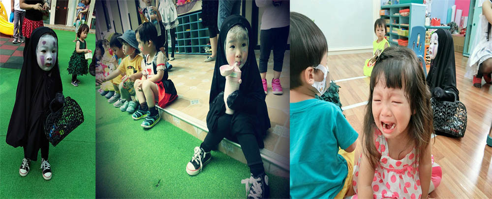 Tạo hình Vô Diện vô cùng "bá đạo" của Momo khiến bạn học khóc thét vì sợ hãi, không thể nhận ra cô bạn đáng yêu hàng ngày.