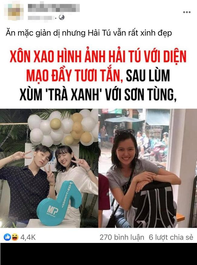 Mới đây, cư dân mạng xôn xao về hình ảnh được cho là Hải Tú tái xuất sau drama "trà xanh". Đặc biệt, trang tin tức này còn để lại dòng trạng thái: "Xôn xao hình ảnh Hải Tú với diện mạo đầy tươi tắn, sau lùm xùm 'trà xanh' với Sơn Tùng. Ăn mặc giản dị nhưng Hải Tú vẫn rất xinh đẹp".