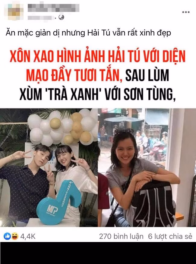 Mới đây, cư dân mạng xôn xao về hình ảnh được cho là Hải Tú tái xuất sau drama "trà xanh". Đặc biệt, trang tin tức này còn để lại dòng trạng thái: "Xôn xao hình ảnh Hải Tú với diện mạo đầy tươi tắn, sau lùm xùm 'trà xanh' với Sơn Tùng. Ăn mặc giản dị nhưng Hải Tú vẫn rất xinh đẹp".