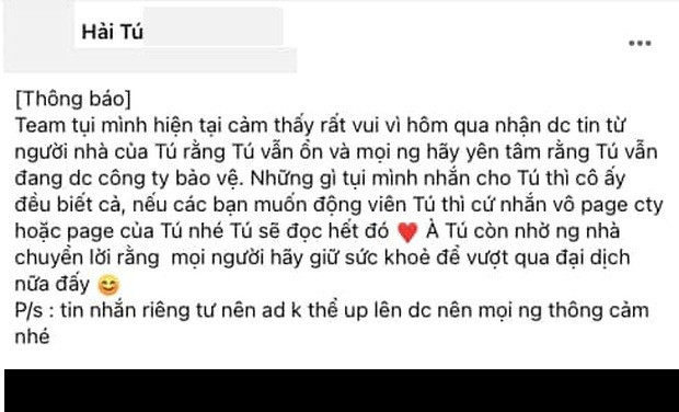 Trước đó vào tháng 7, trên MXH từng xuất hiện bài đăng được cho là từ một group fan bí mật của FC Hải Tú trên Facebook. Thông tin này nếu là thật thì Hải Tú vẫn ổn và được công ty M-TP bảo vệ.