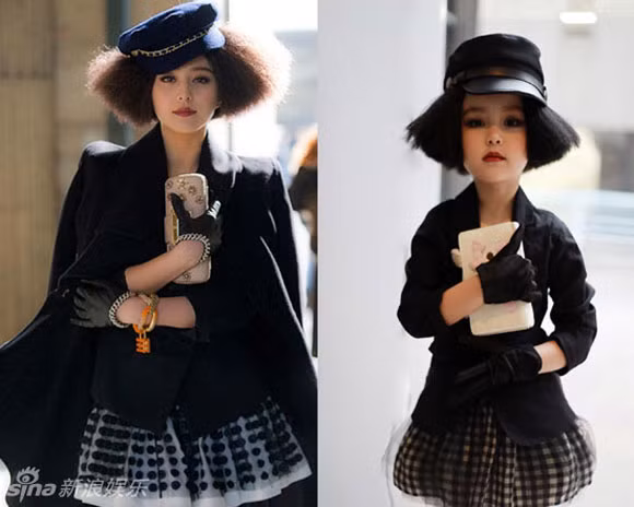 Tất cả các trang phục của Phạm Băng Băng sử dụng để tham dự tuần lễ thời trang quốc tế đều bị bé gái "nhái" tài tình. Ngay cả cách tạo dáng để chụp ảnh cũng học tập "Nàng Kim Tỏa".